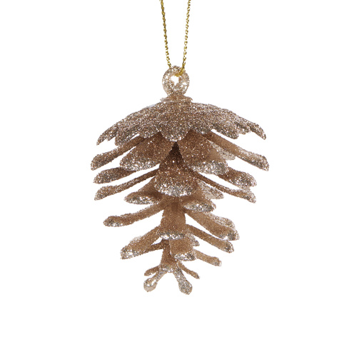6PK Glittered Champagne Pinecones Hanging