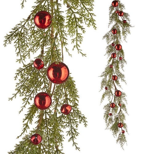 Raz | Sleigh Bells | Greenery & Red Ball Garland
