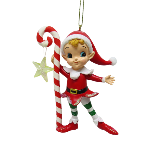Elf w/ Candy Cane Hanging Ornament