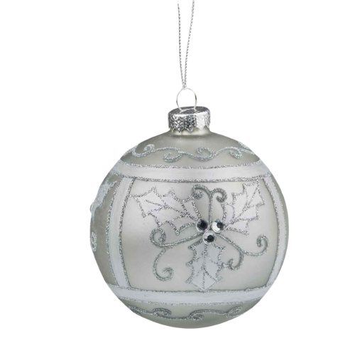 Silver Holly Glass Bauble