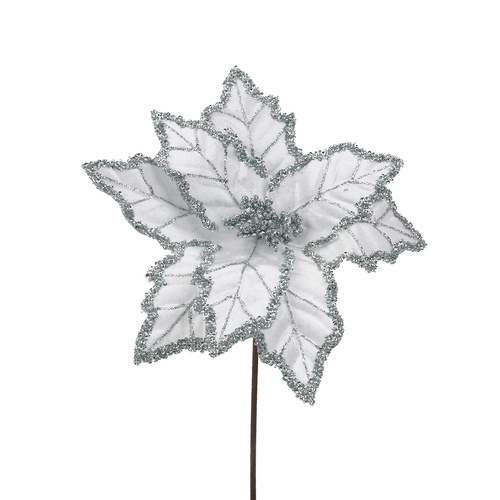 White Velour Poinsettia w/ Silver Glitter