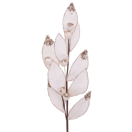 White Velour Leaf Stem w/ Champagne Glitter