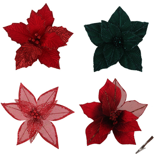 Assorted Poinsettias w/Clip 27cm