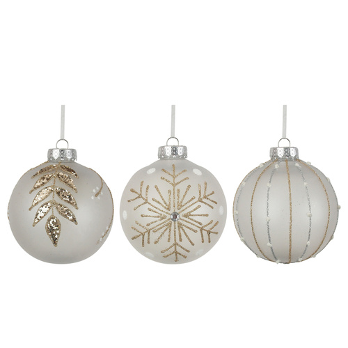 White Baubles W/Glitter Finish 10cm