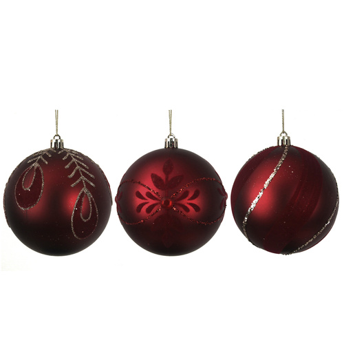 Burgundy Bauble W/Flocking & Glitter Detail