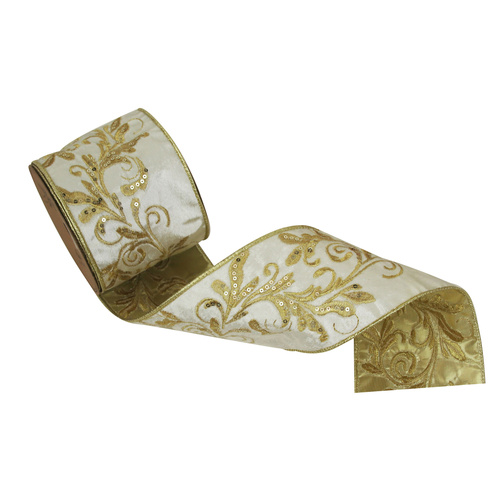 Ivory Velvet Ribbon W/Champagne Embroidery Details