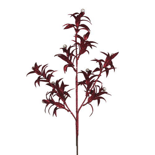 Cherry Red Glitter Leaf Stem W/Champagne Balls