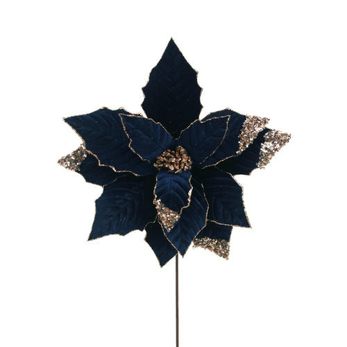 Navy Blue Velvet Poinsettia W/Glitter Details