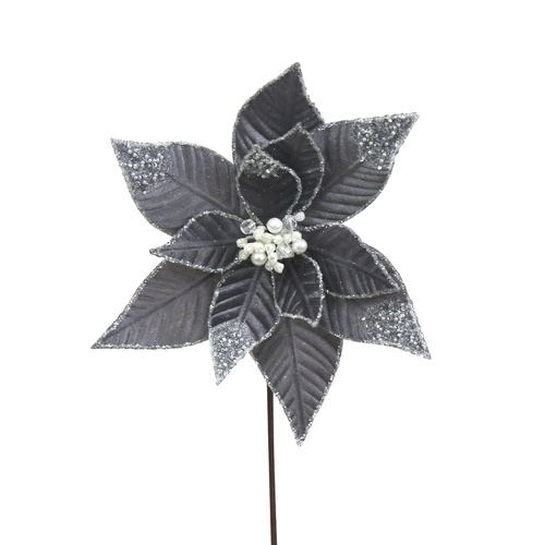 Midnight Grey Velvet Poinsettia W/Glitter Details