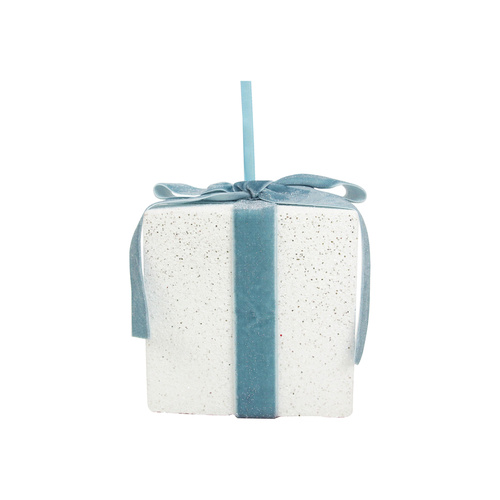  White Glitter Giftbox W/Pale Blue Ribbon