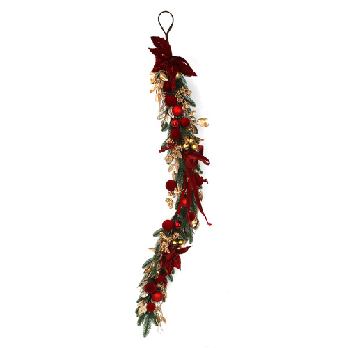 Pine Garland W/Red Poinsettia & Gold Leaves