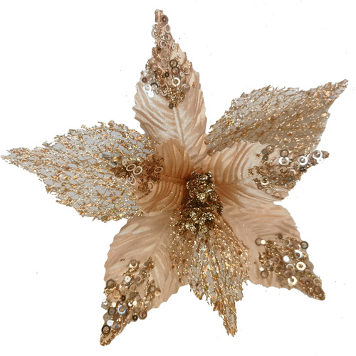Coral Glitter Poinsettia w/Clip