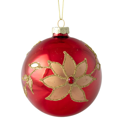 Glass Red w/ Golden Poinsettias Bauble