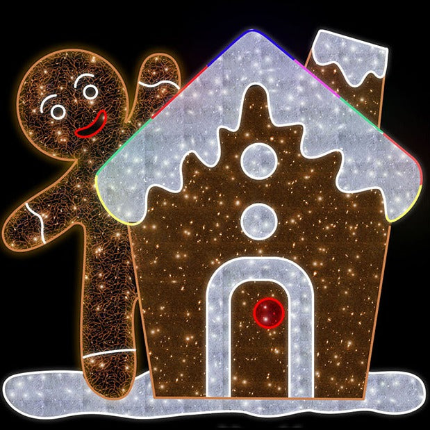 gingerbread man behind house christmas motif light