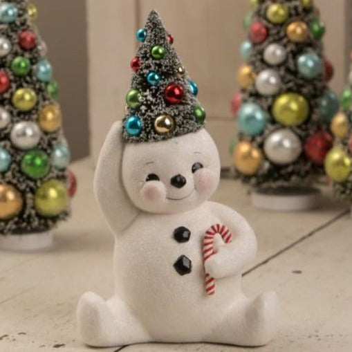 sitting snowman holding candycane festive emporium